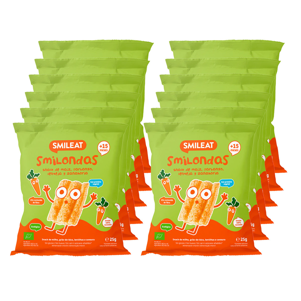12er-Pack Smilondas Snack aus Mais, Kichererbsen, Linsen und Bio-Karotten, Smileat, 25 g