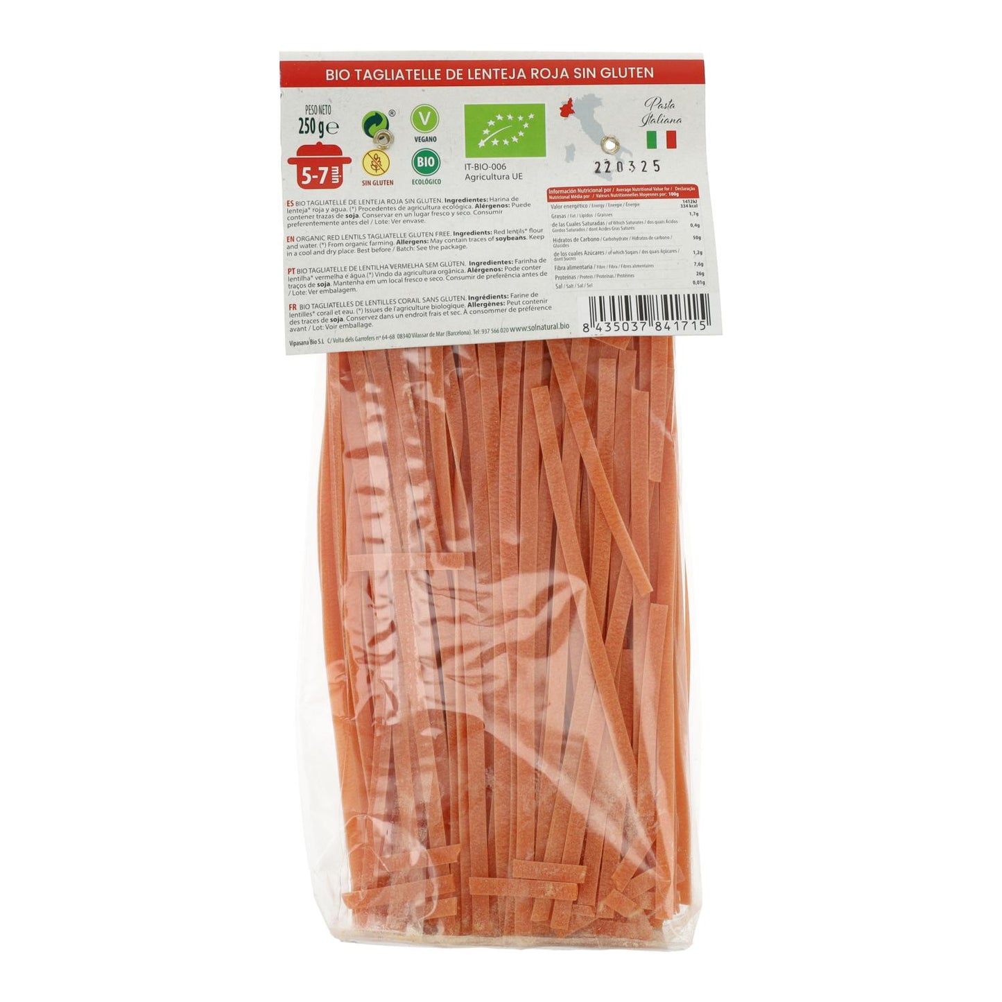 Glutenvrije tagliatelle van rode linzen bio Sol Natural 250 g
