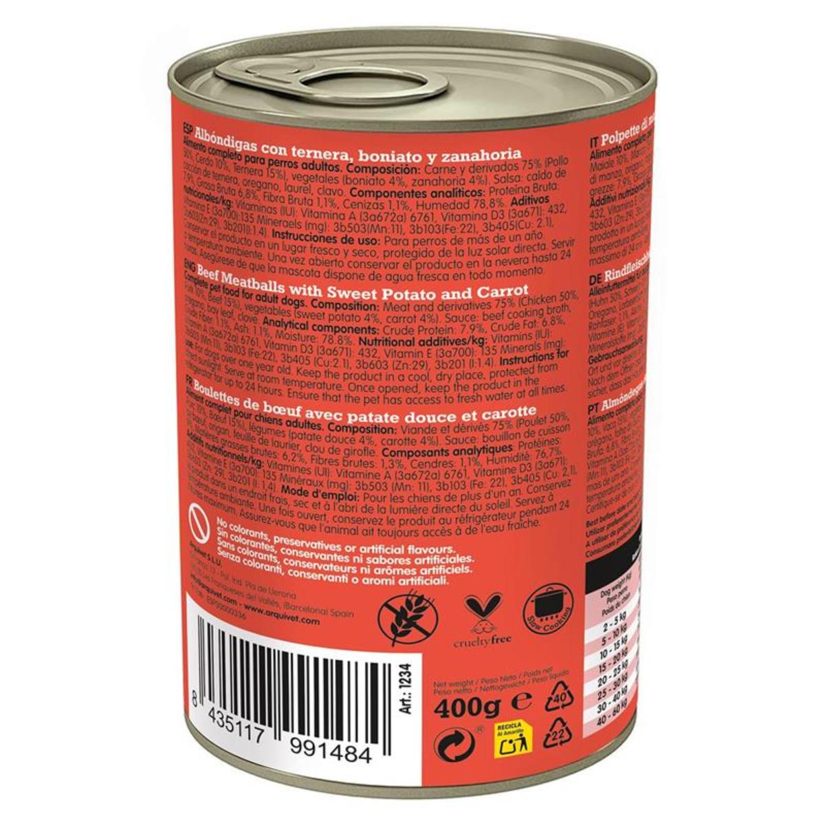 Świeże klopsiki wołowe Arquivet 400 g Mokra karma dla psów z wołowiną, batatem i marchewką