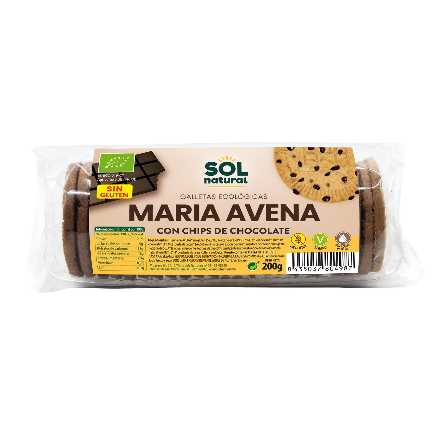 Biscotti Maria all'avena senza glutine con gocce di cioccolato bio Sol Natural 200 g