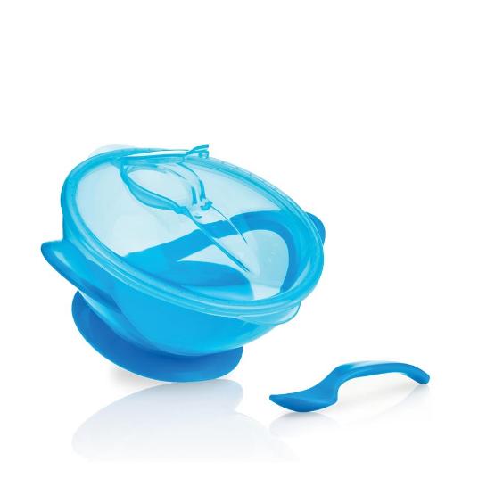 Baby Bowl with Suction Cup, Spoon and Blue Lid 6m+ Nuby