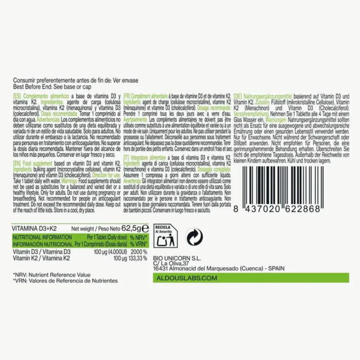 Vitamine D3 + K2 Aldous 250 tabletten