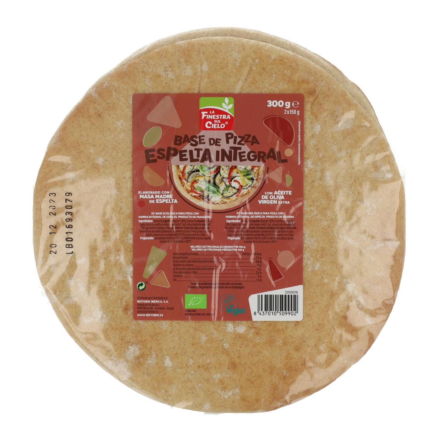 Volkoren speltpizzabodem (2 bodems) La Finestra Sul Cielo 300 g