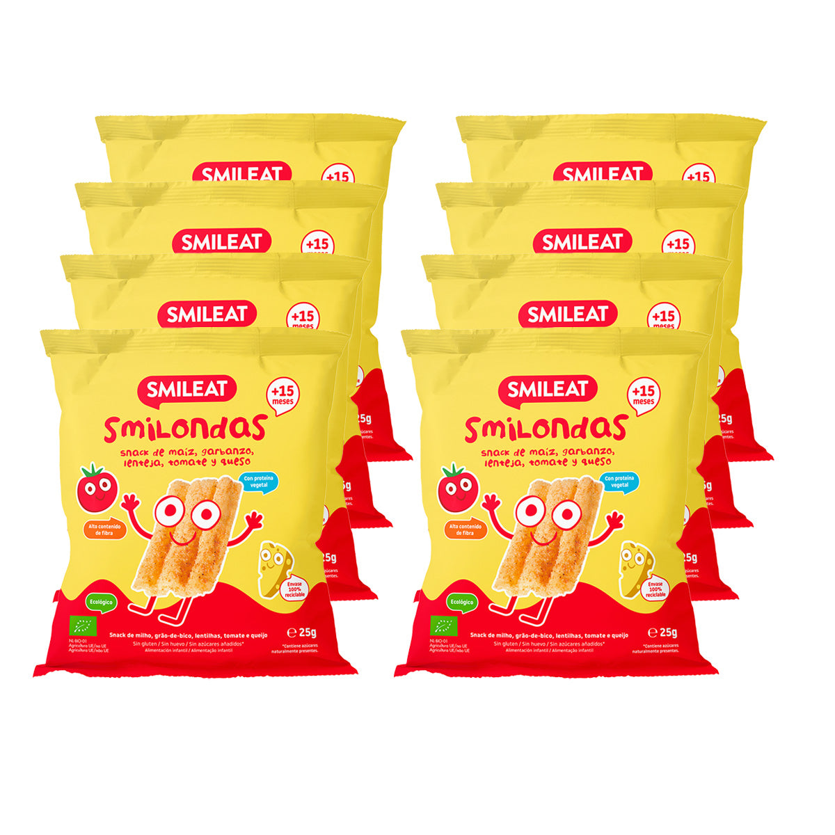 Pakket 8x Smilondas Snack van maïs, kikkererwten, linzen, tomaat en biologische kaas, Smileat, 25 g