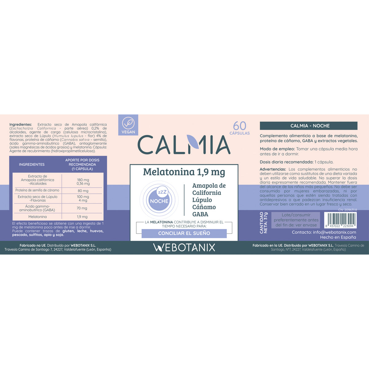 Calmia Noche Forte (5HTP+Melatonina+ Magnesio, L-Teanina, Valeriana) WEBOTANIX 60 capsule