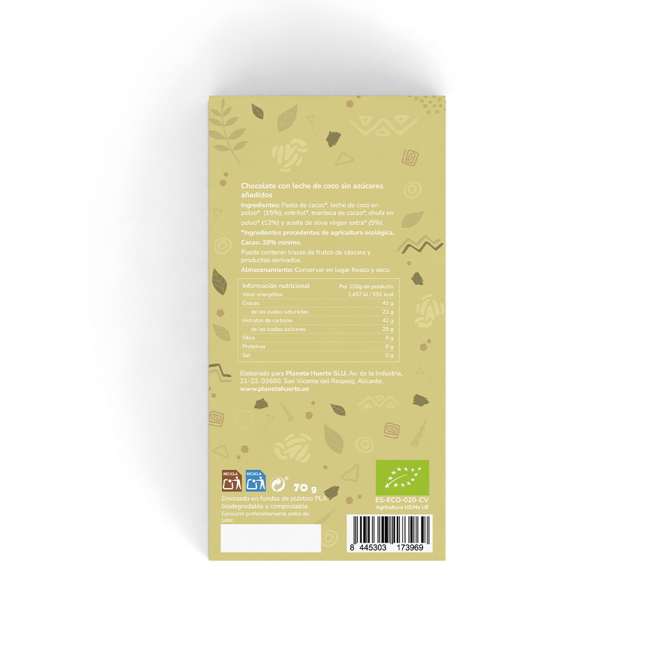 Barre chocolatée au lait de coco 38% végétalienne sans sucres ajoutés ECO Planeta Huerto 70 g