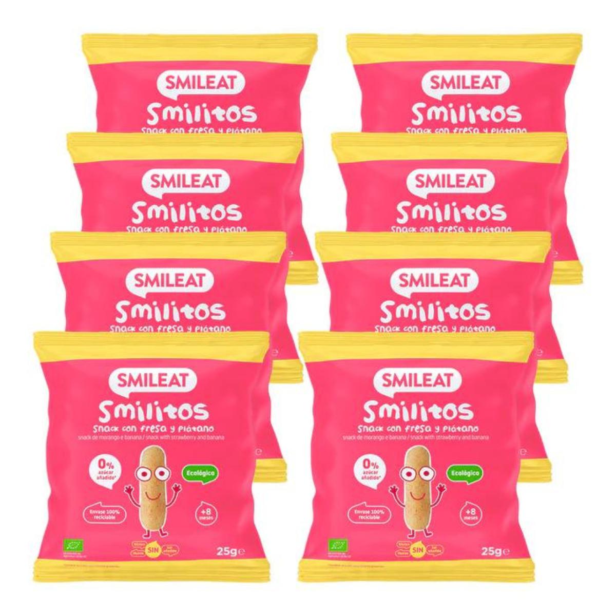 Pakket 8 x Smilitos, ECO Smileat aardbeien- en bananenworsteltjes, 25 g