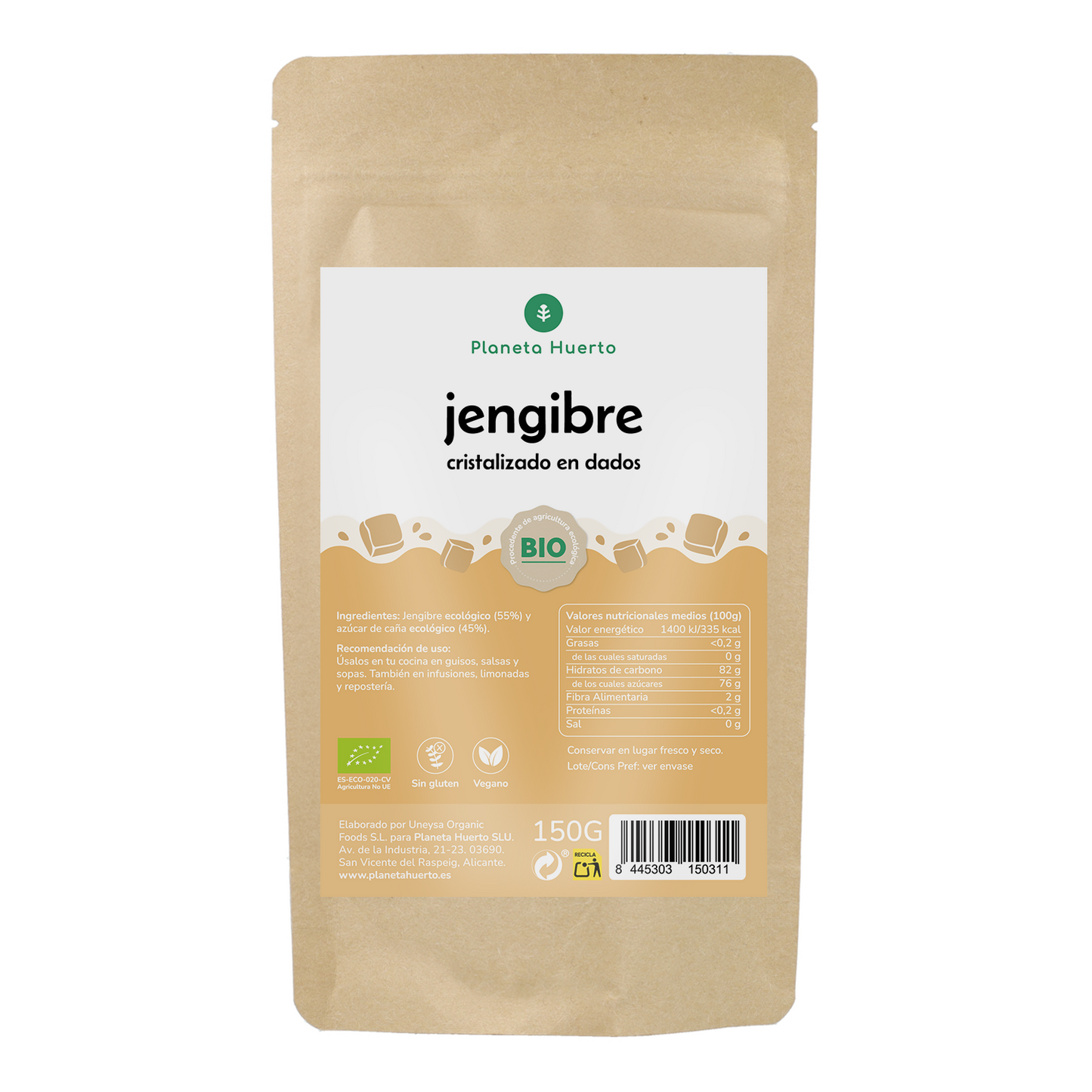 Gekristalliseerde biologische gemberblokjes Planeta Huerto 150 g