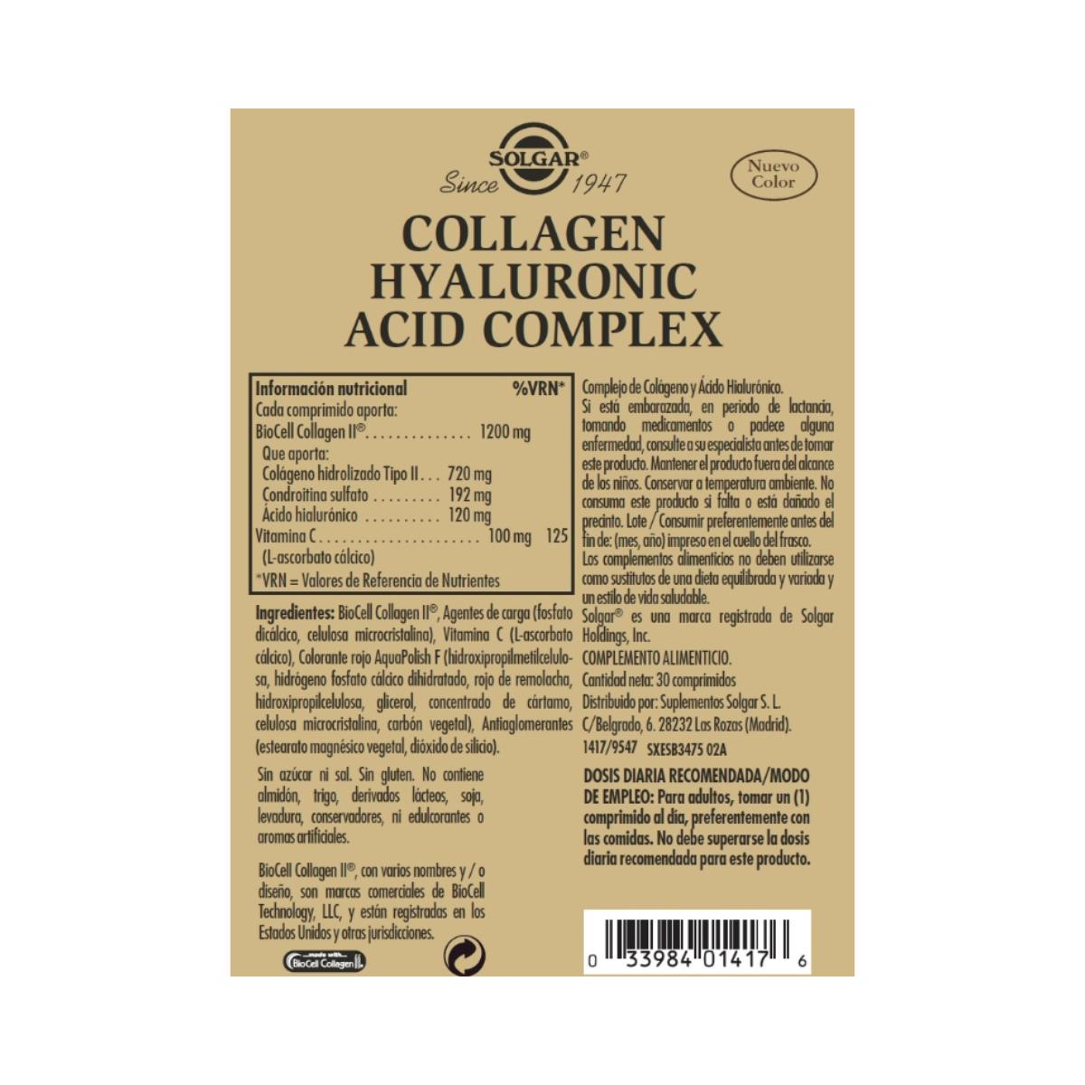 Collagen Hyaluronic Acid Complex 30 tablets 120 mg - Solgar