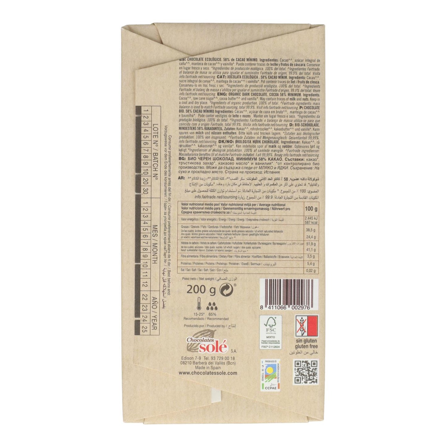 Bio-Schokolade für Desserts Solé 200 g