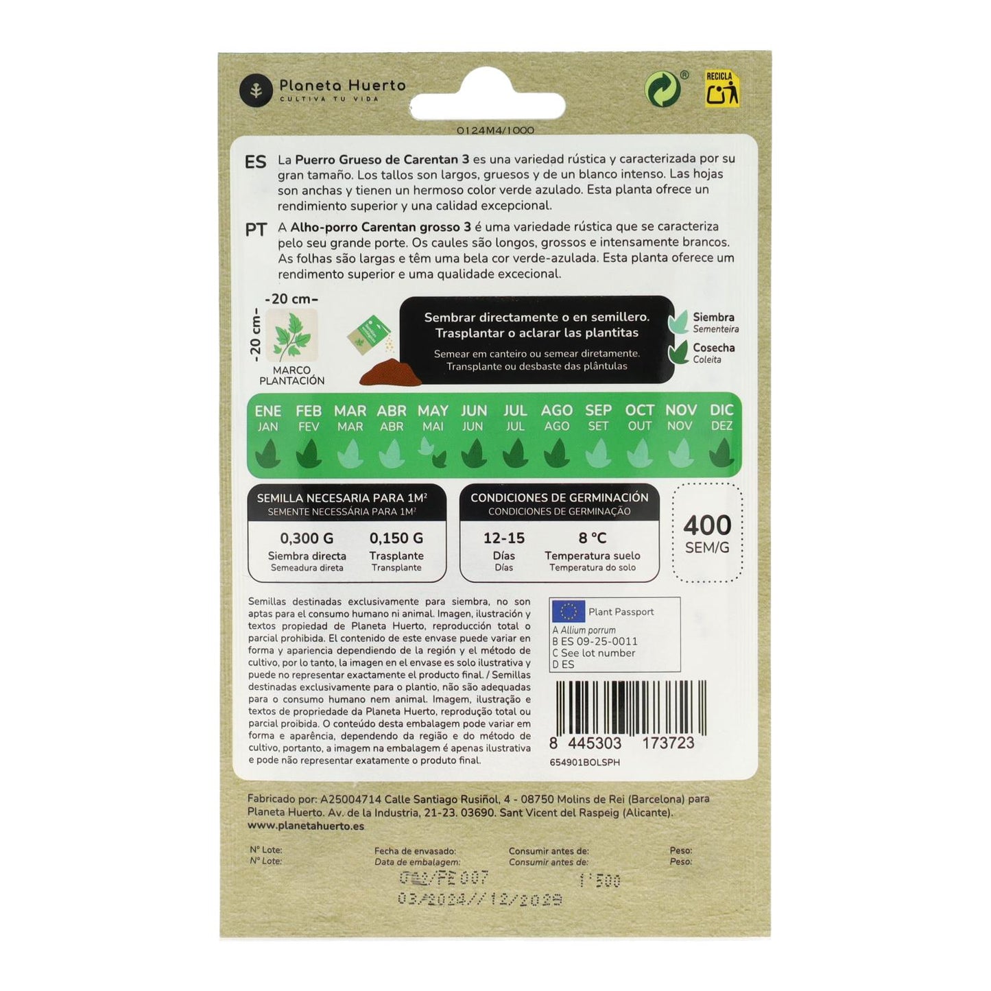 Bio-Samen von dickem Lauch aus Carentan Planeta Huerto