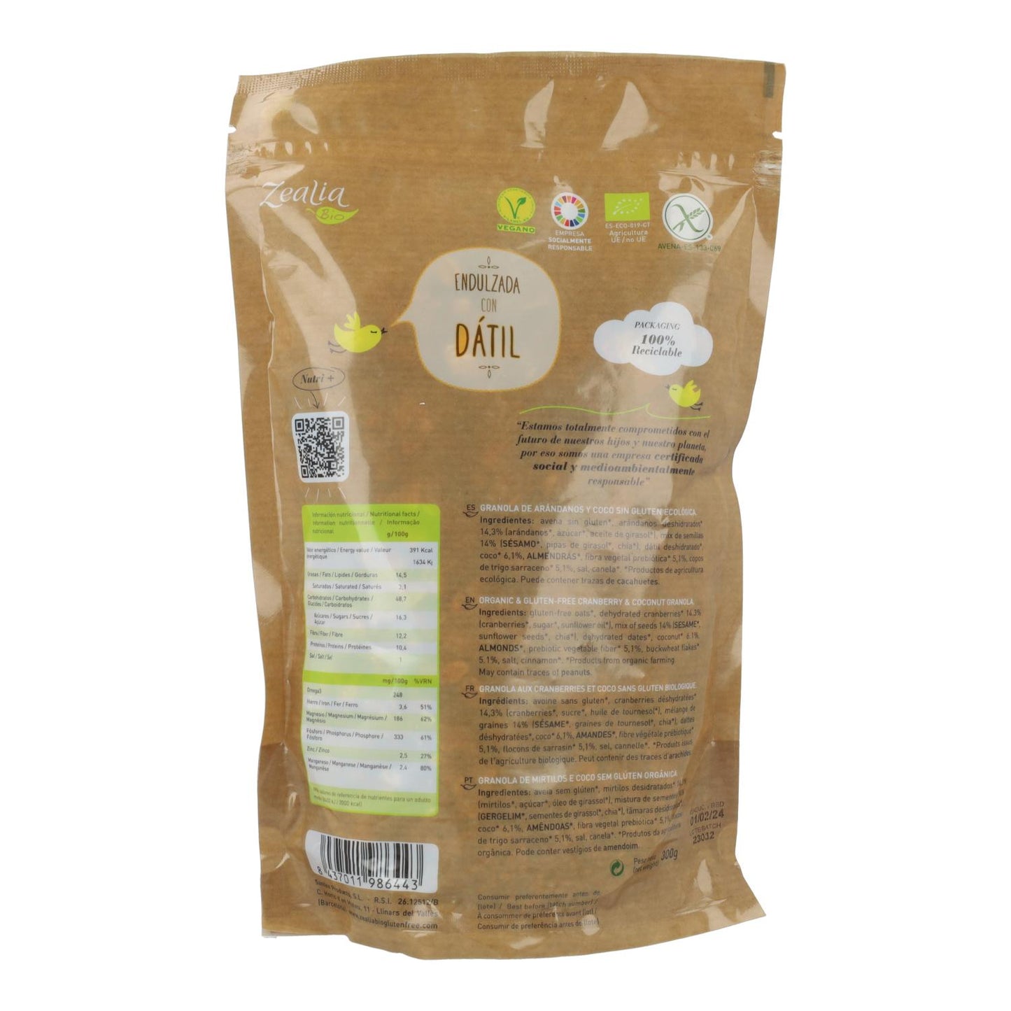 Zealia Organic Gluten-Free Blueberry and Coconut Granola 300 g