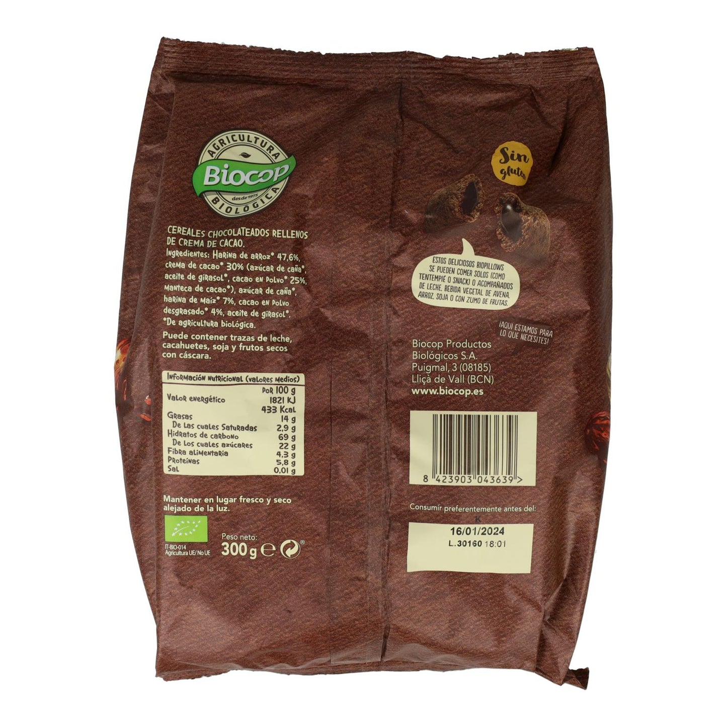 Biopillows Getreideflocken mit dunkler Schokolade, glutenfrei, Biocop, 300 g