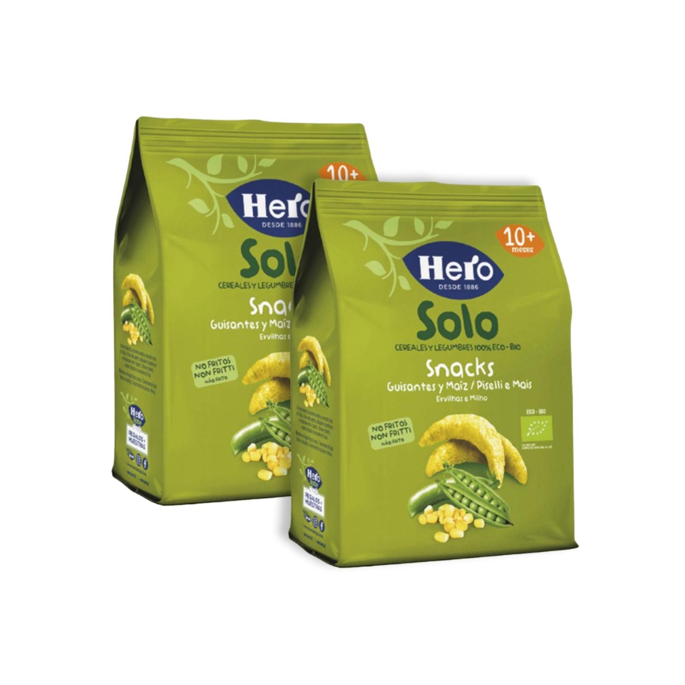 Promotional pack of 2x Eco-Bio pea and corn snacks from 10 months, 40 g bag - Hero Solo