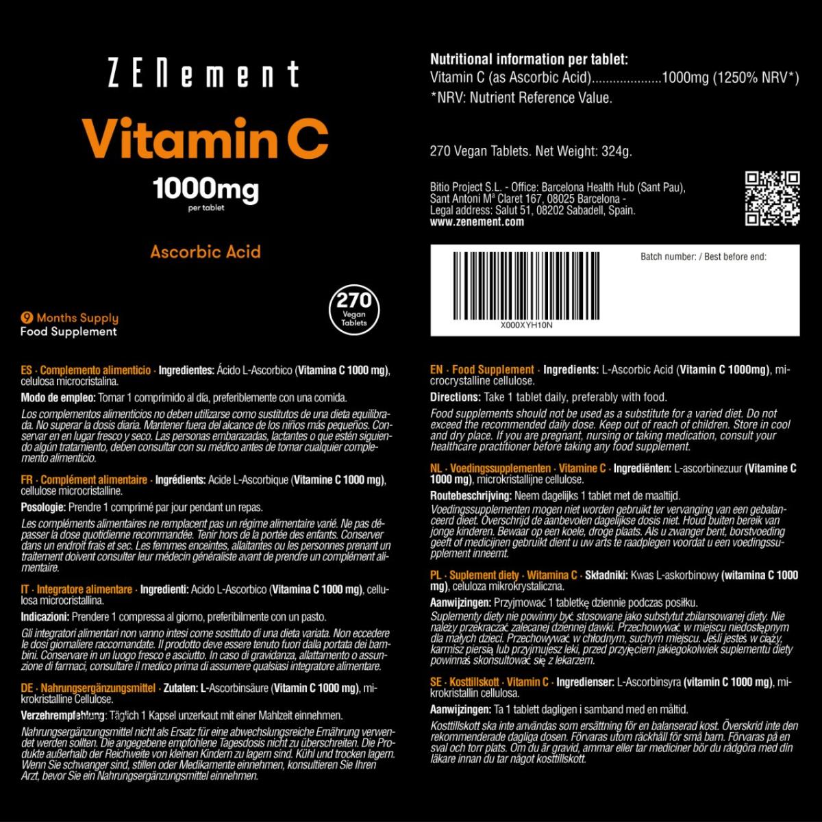 Vitamin C, 1000 mg Zenement, 270 tablets