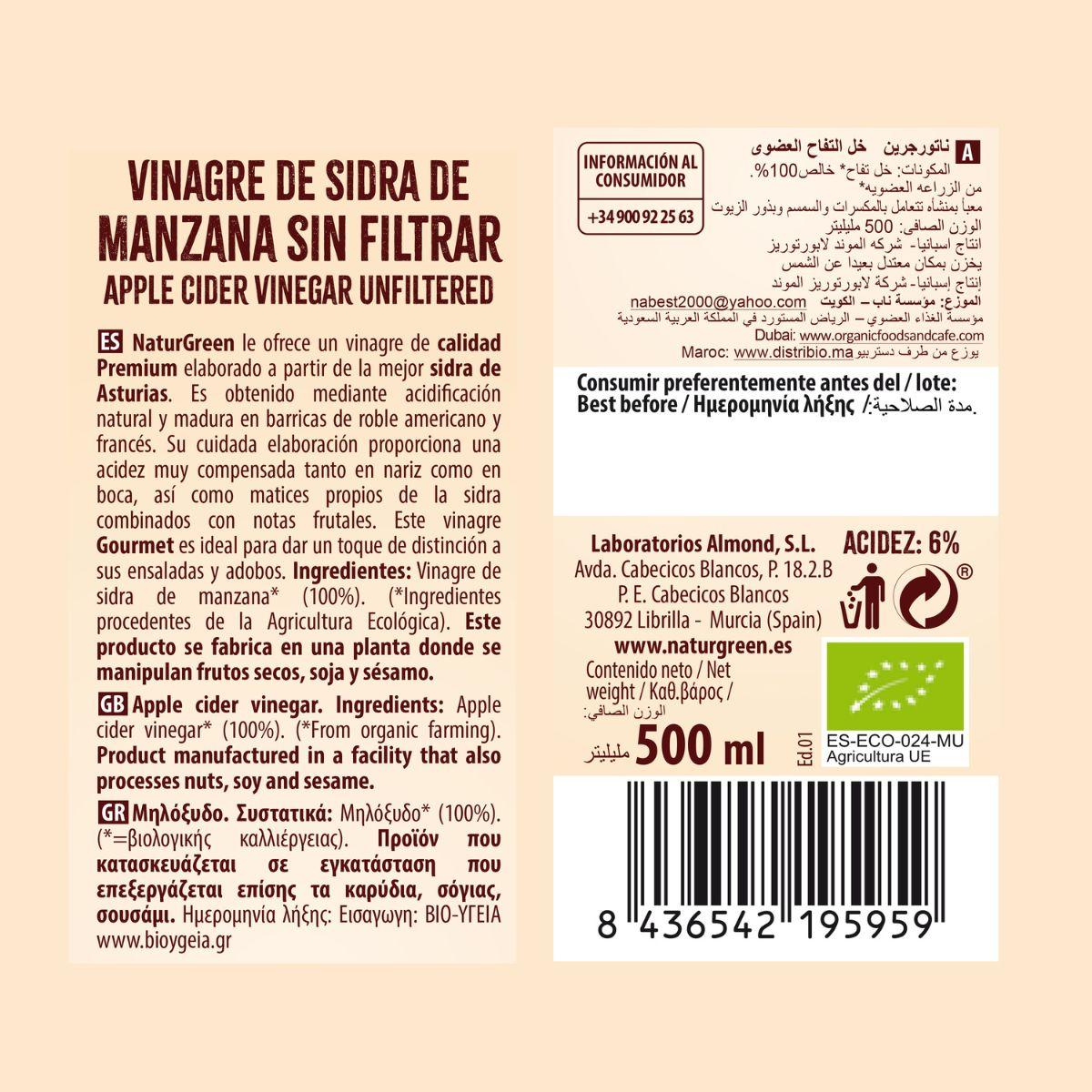 Pakket van 6x ongefilterde biologische appelazijn NaturGreen 500 ml
