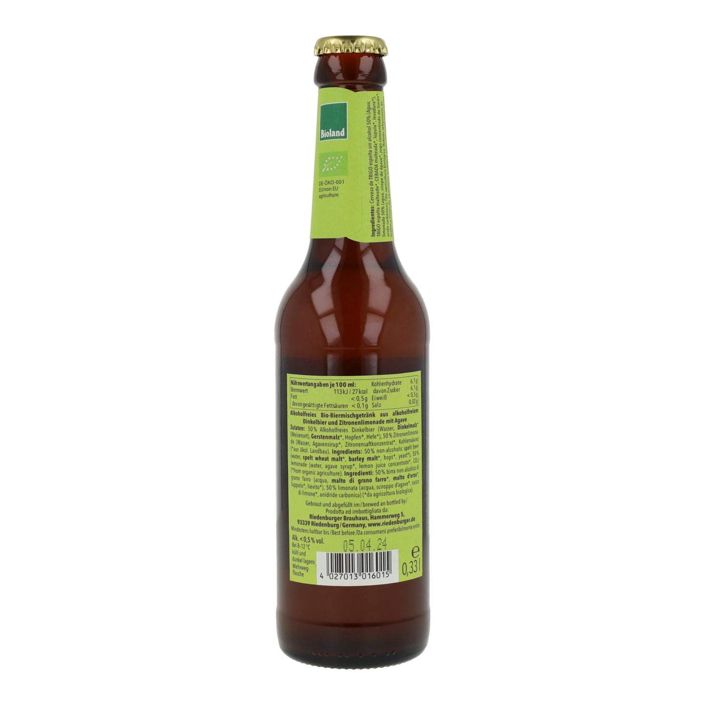 Bière légère sans alcool à l'épeautre Riedenbourguer, 33 cl.