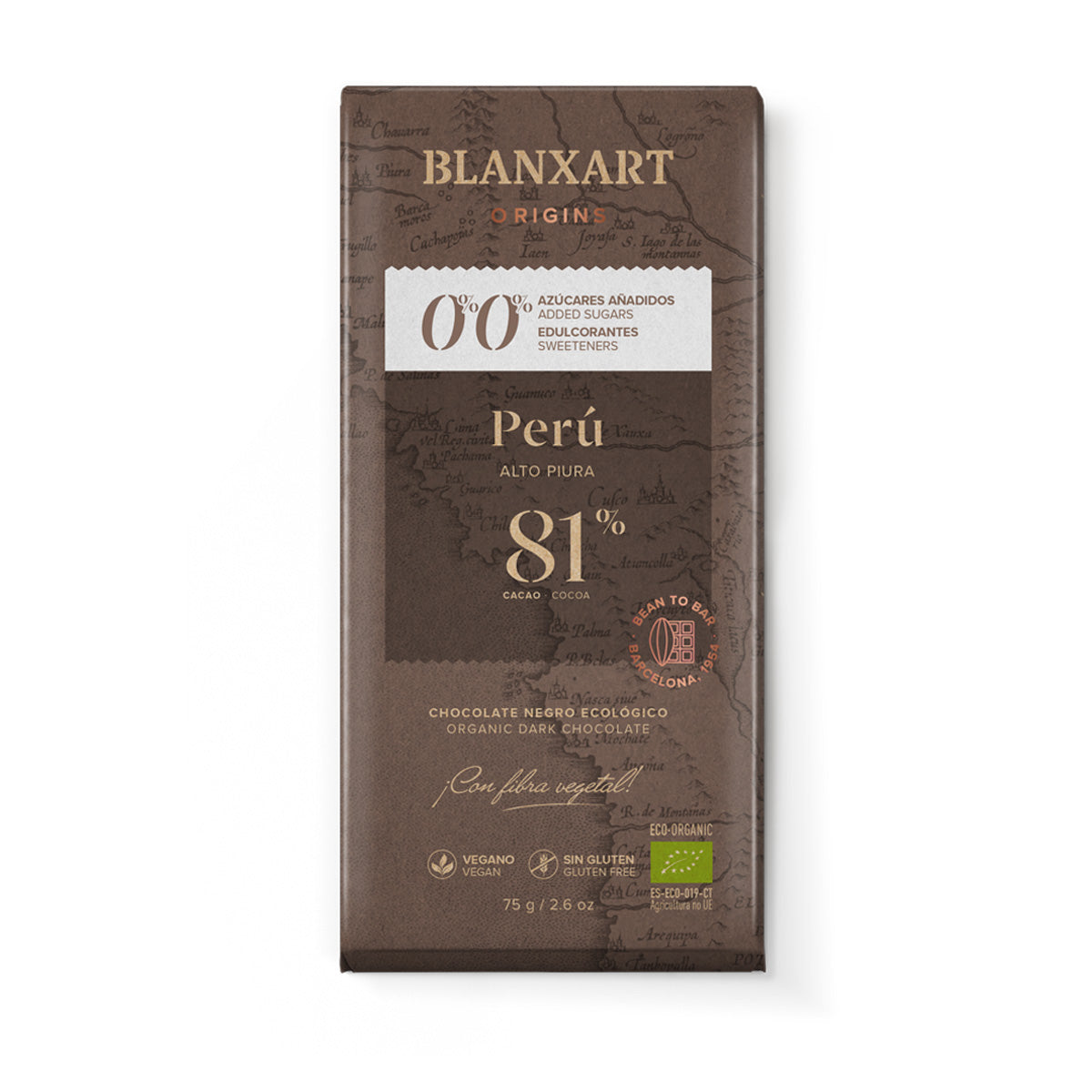Czekolada Peru 81% bez cukru, bez substancji słodzących, ekologiczna, wegańska, bezglutenowa Blanxart 75 g
