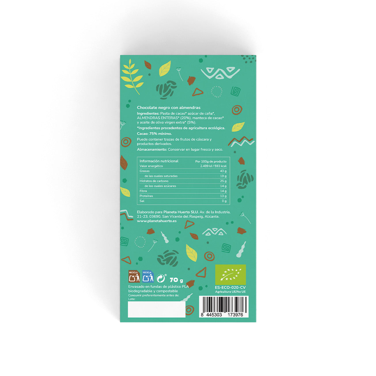 Tablette de chocolat noir 75% avec amandes ECO Planeta Huerto 70 g