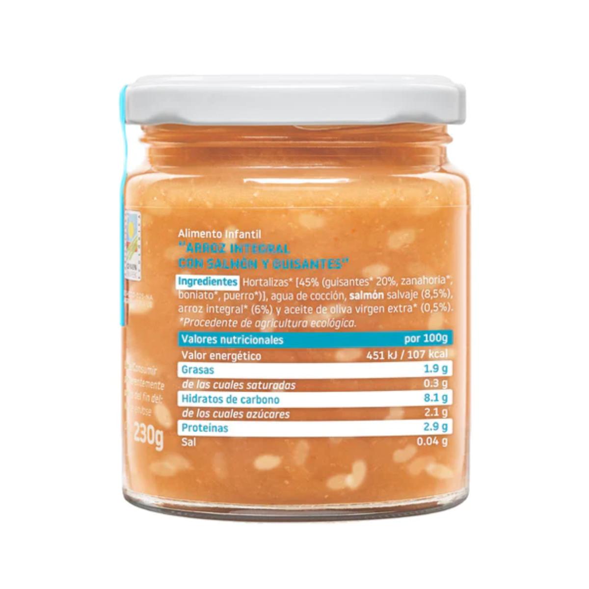 Pack of 3 jars of organic brown rice with salmon and peas, 230 g, Smileat