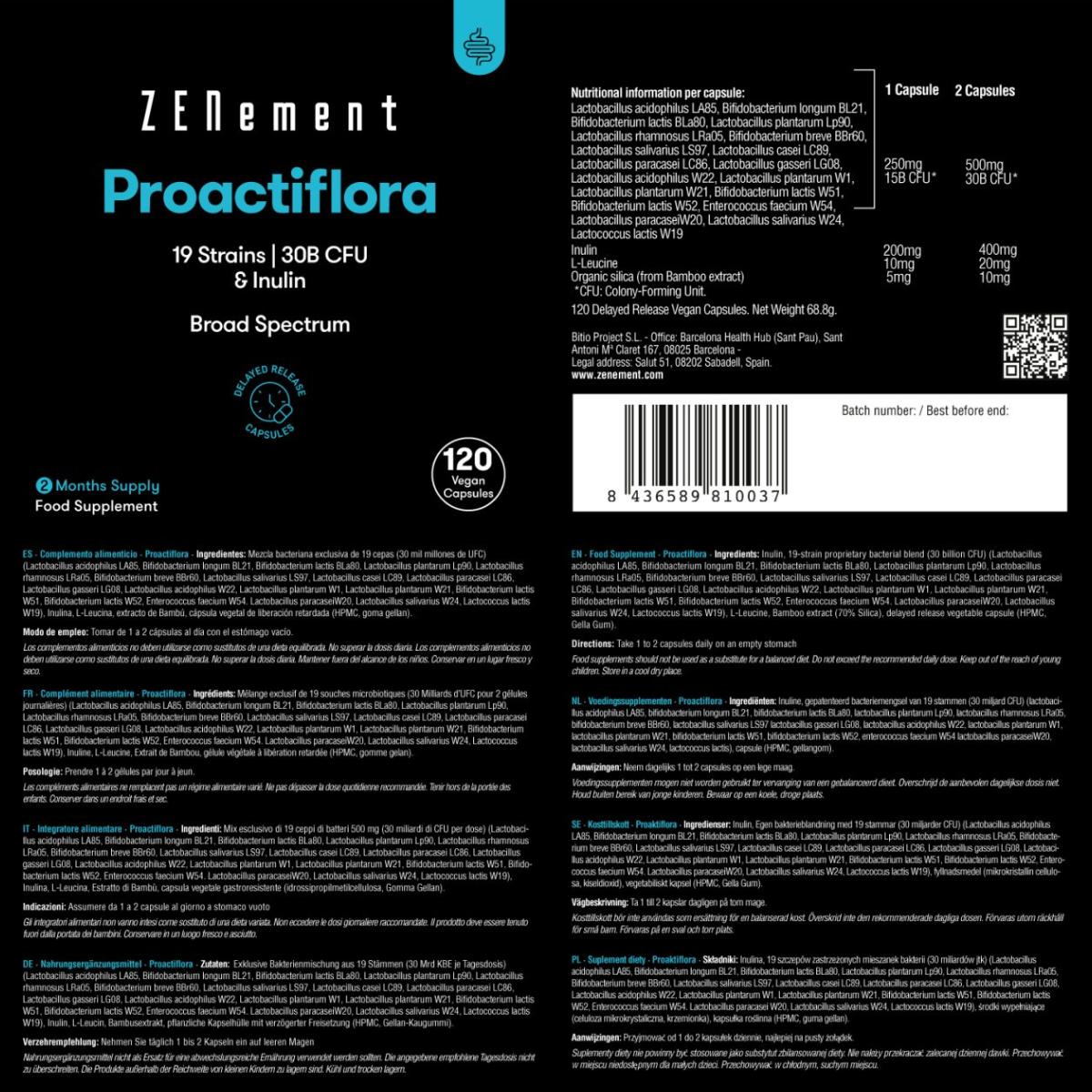 Proactiflora, 19 strains + Inulin, Zenement Gastro-resistant Capsules, 120 tablets