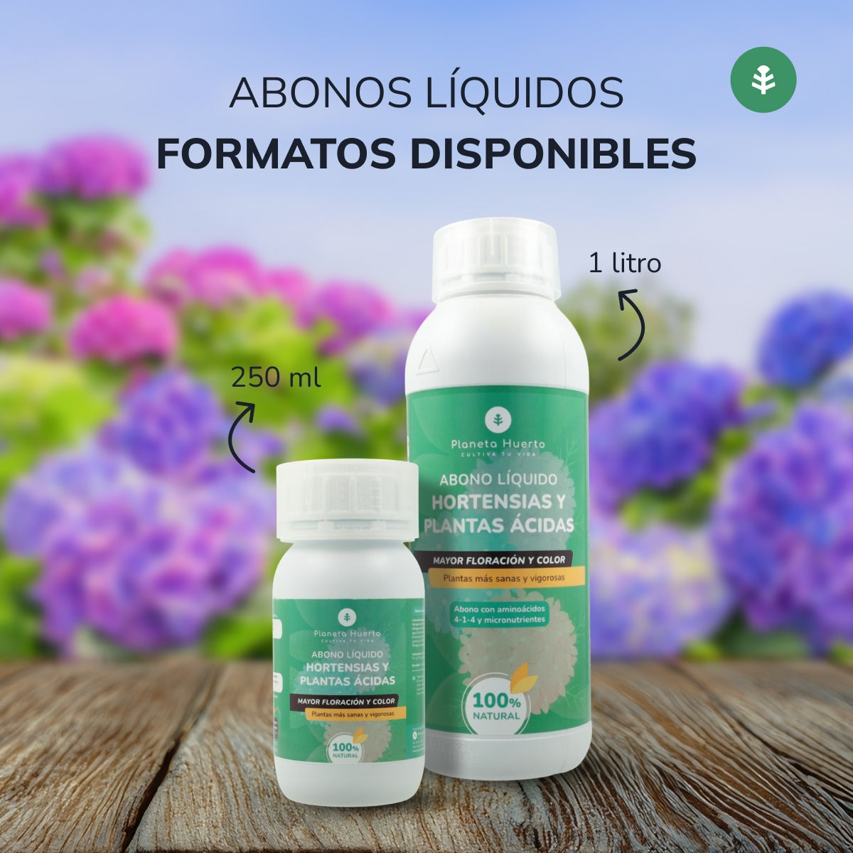 Vloeibare meststof Hortensia's en zure planten Planeta Huerto 250 ml