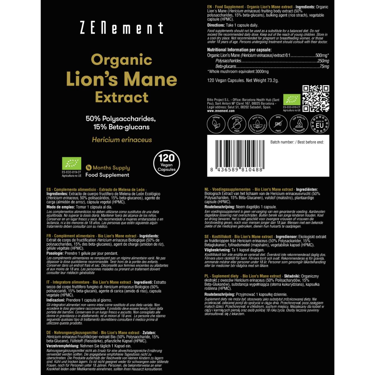 Organic Lion's Mane Extract 50% Polysaccharides, 15% Beta-Glucans Zenement, 120 tablets Organic Lion's Mane Extract