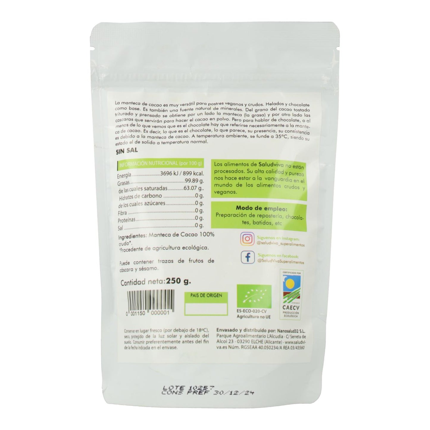 Kakaobutter in ECO-Waffeln 250 g, Salud Viva