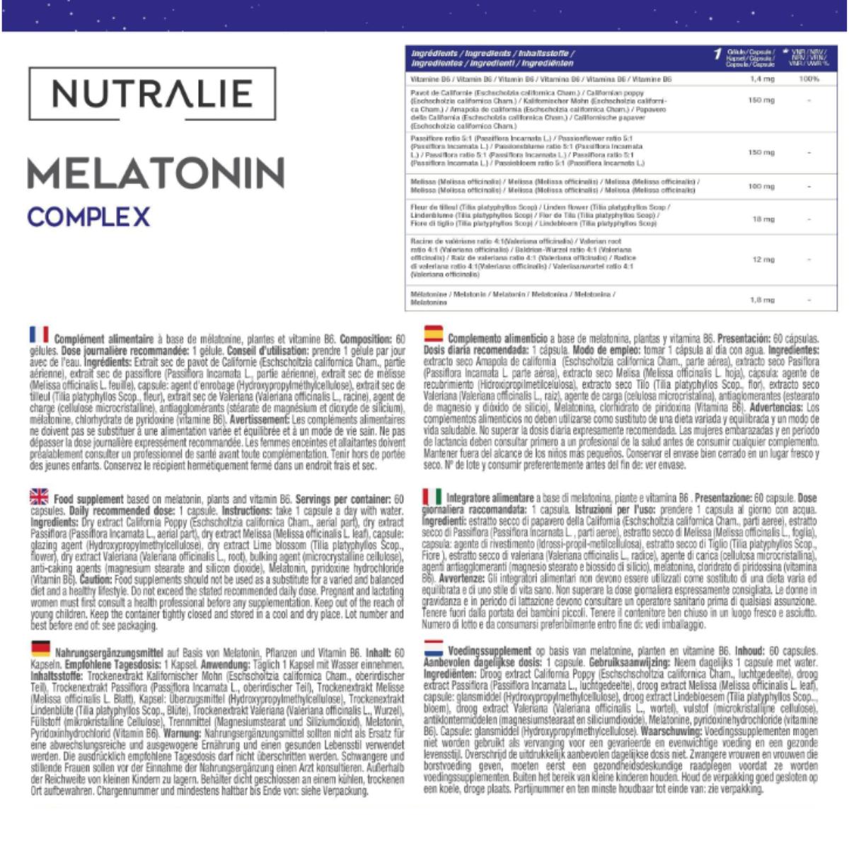 Melatonina con passiflora + radice di valeriana + B6 Nutralie 60 capsule