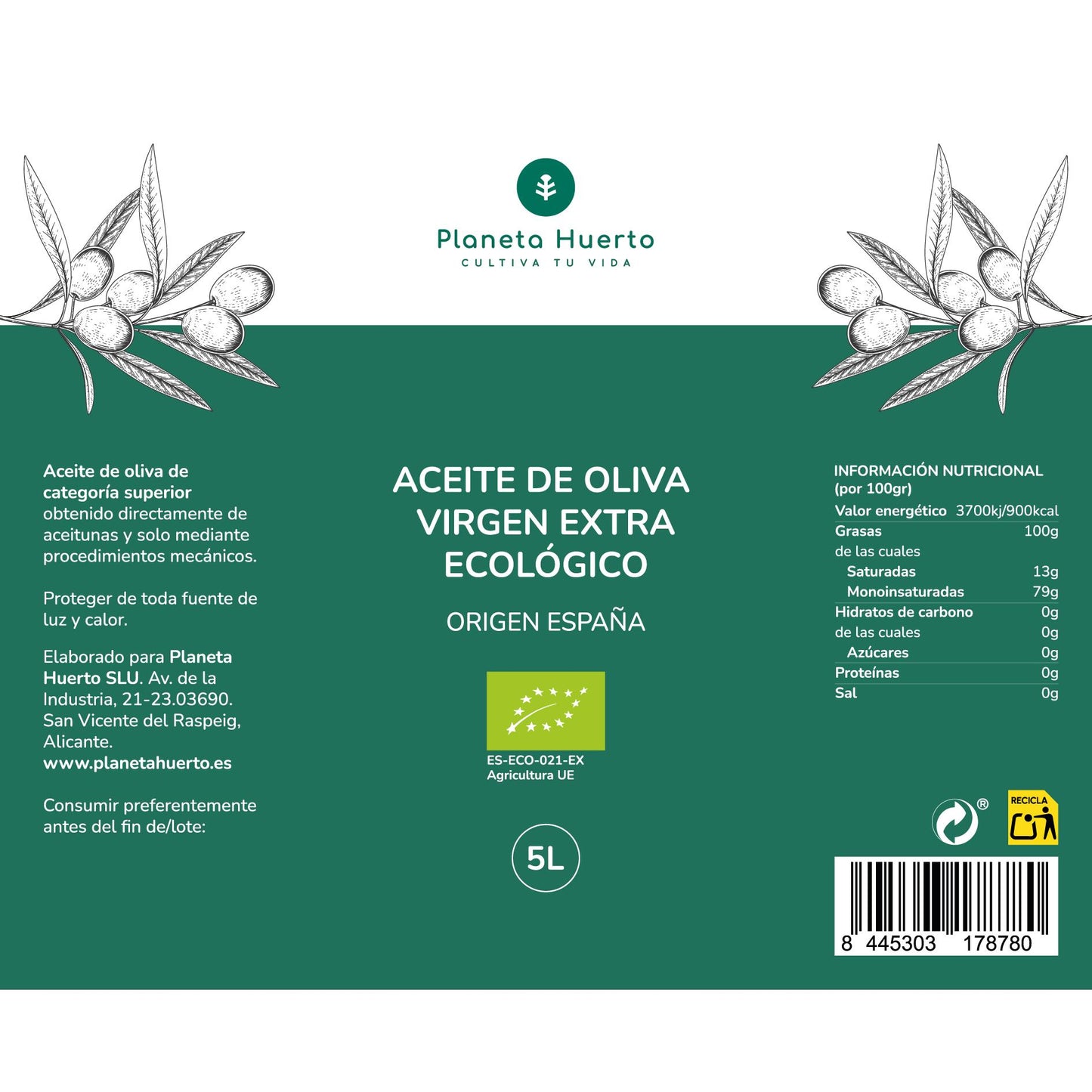 Extra olijfolie van eerste persing ECO Planeta Huerto 5 L
