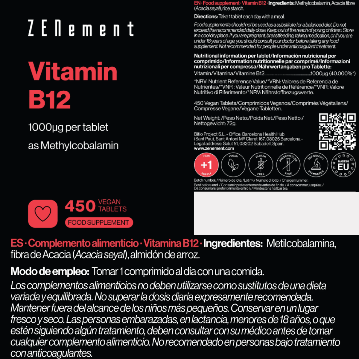 Vitamine B12 1000 mcg Zenement 450 veganistische tabletten