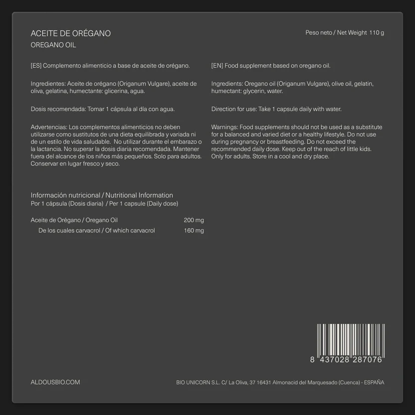 Huile d'origan 200 mg, 160 mg de carvacrol Aldous Bio 200 perles