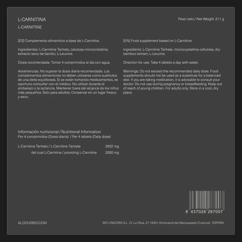 L Carnitine 2000 mg Aldous Bio 200 comprimés