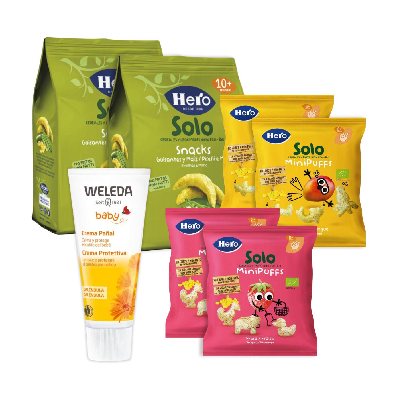 2er-Pack Mango-Snacks Hero + 2 Erbsen-Mais-Snacks Hero + 2 Erdbeer-Snacks Hero + Calendula-Wickelcreme Weleda