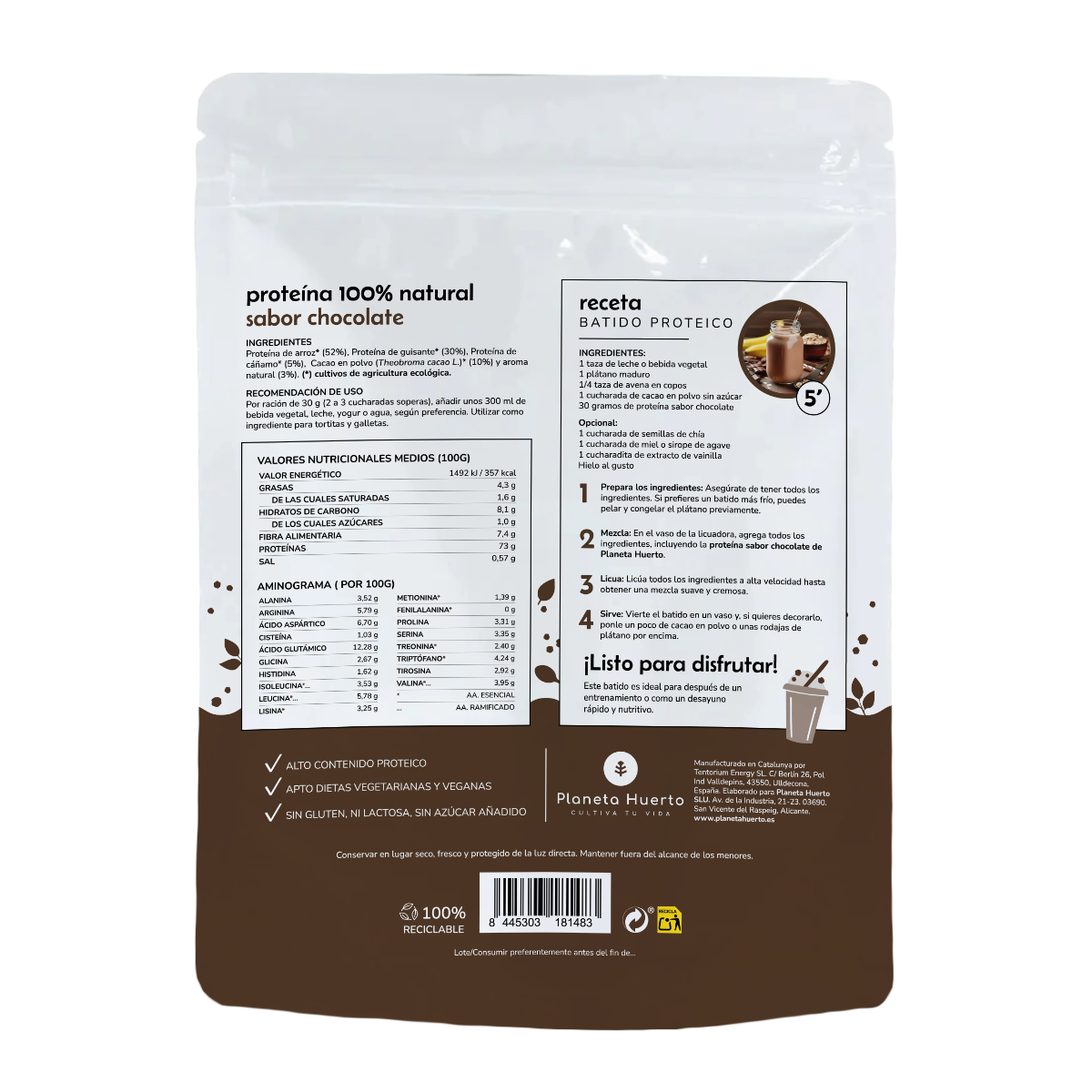 Plantaardig eiwit ECO 73% chocolade Planeta Huerto 1Kg