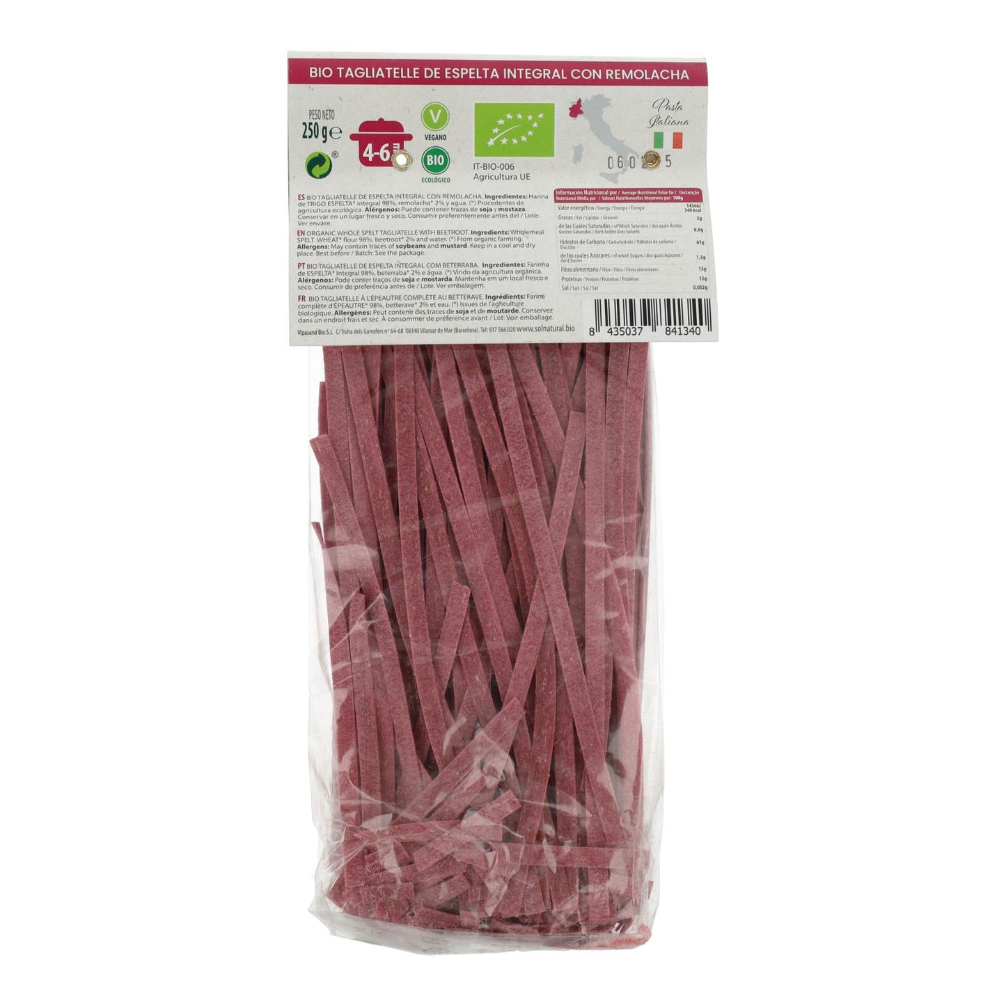 Volkoren spelt-tagliatelle met biologische rode biet Sol Natural 250 g