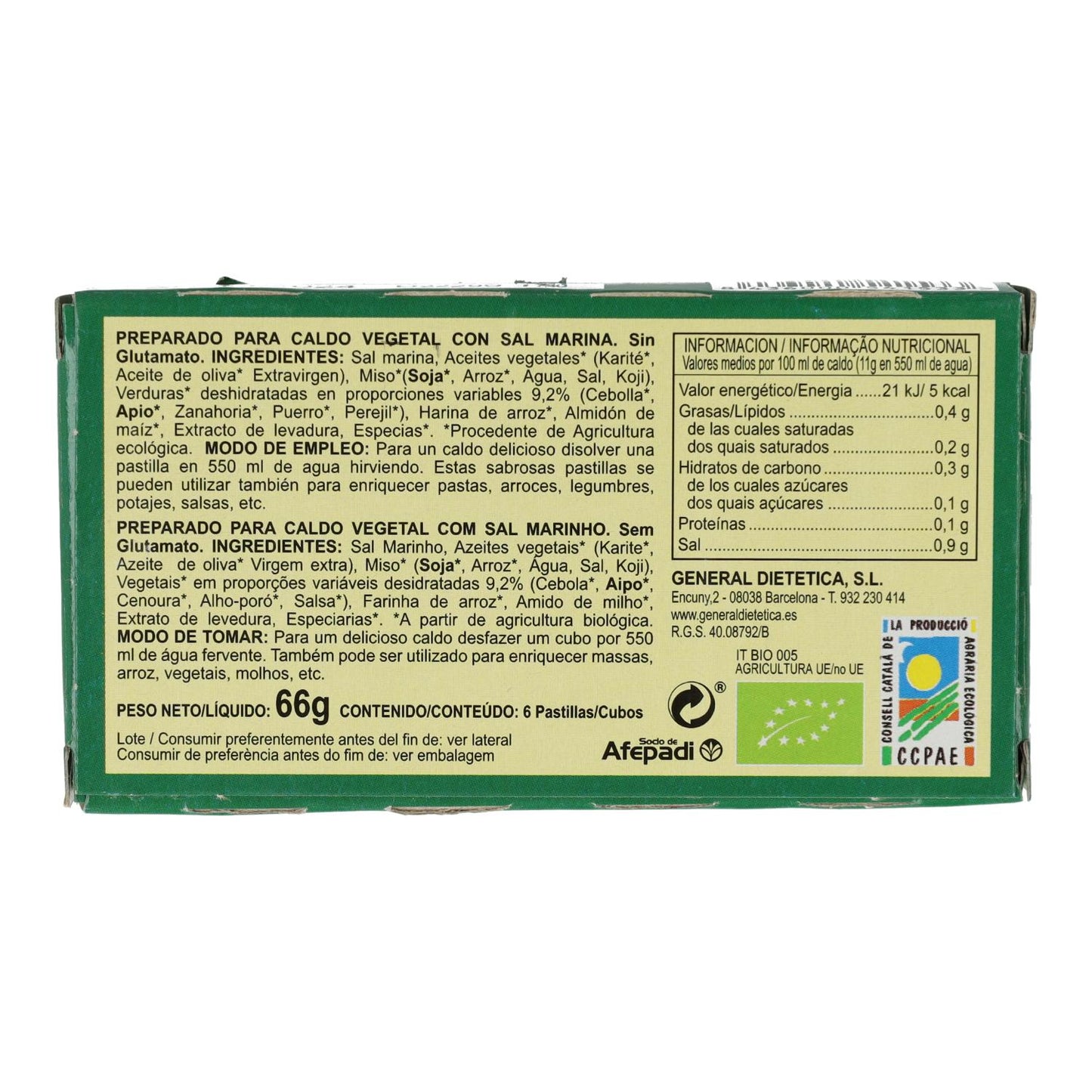 Caldo Vegetal Eco Con Sal Marina 6 Cubitos X 11 Gr Integralia
