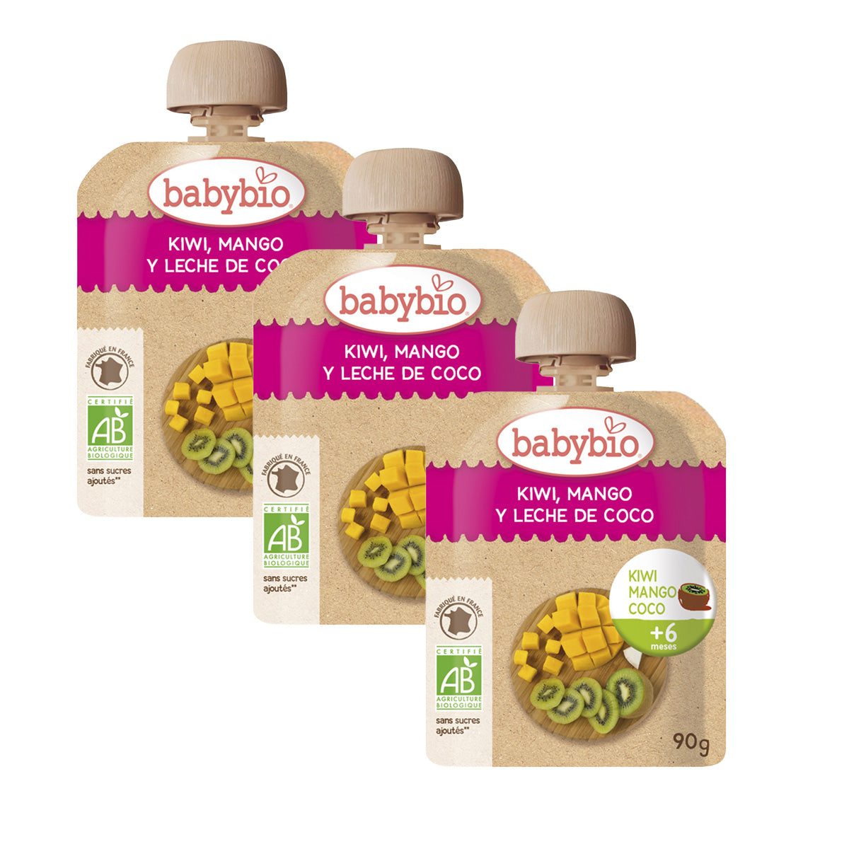 Pakket 3x Fruitpouch: Kiwi, Mango en kokosdrank, Babybio, 90 g