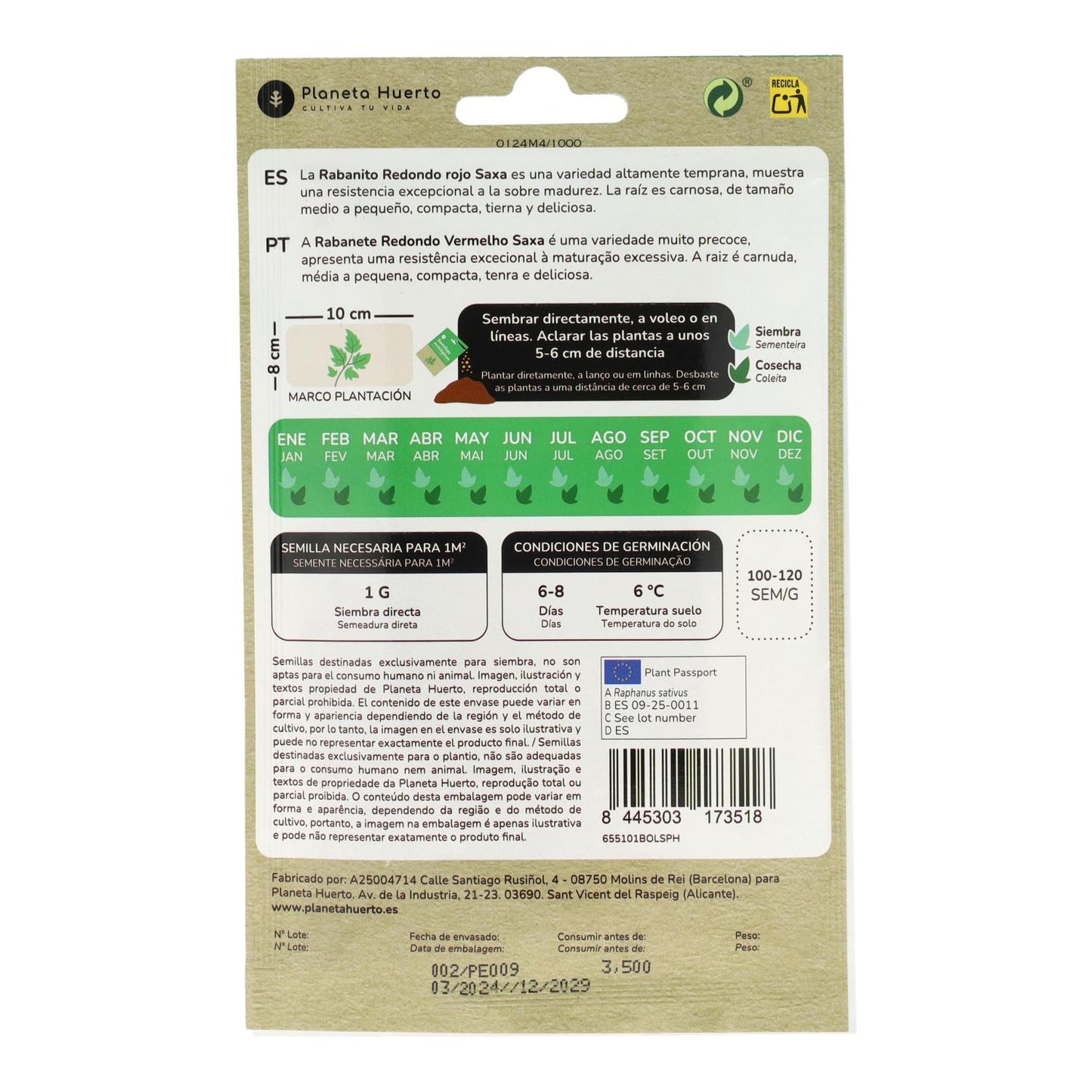 Semillas ecológicas de Rabanito redondo rojo saxa Planeta Huerto