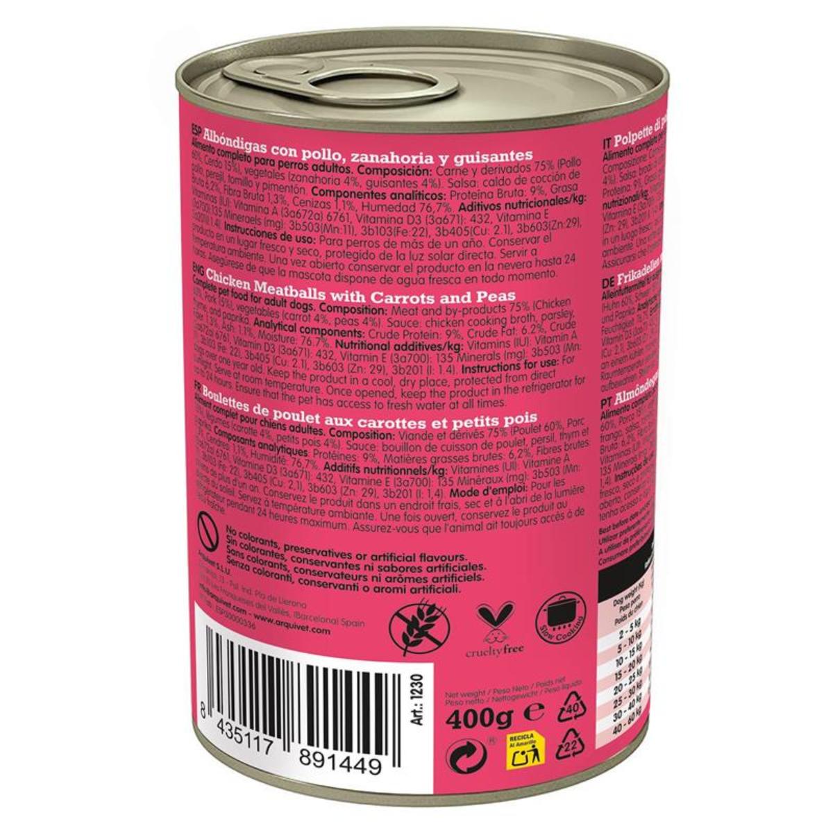 Świeże klopsiki z kurczaka Arquivet 400 g Mokra karma dla psów z kurczakiem, marchewką i groszkiem