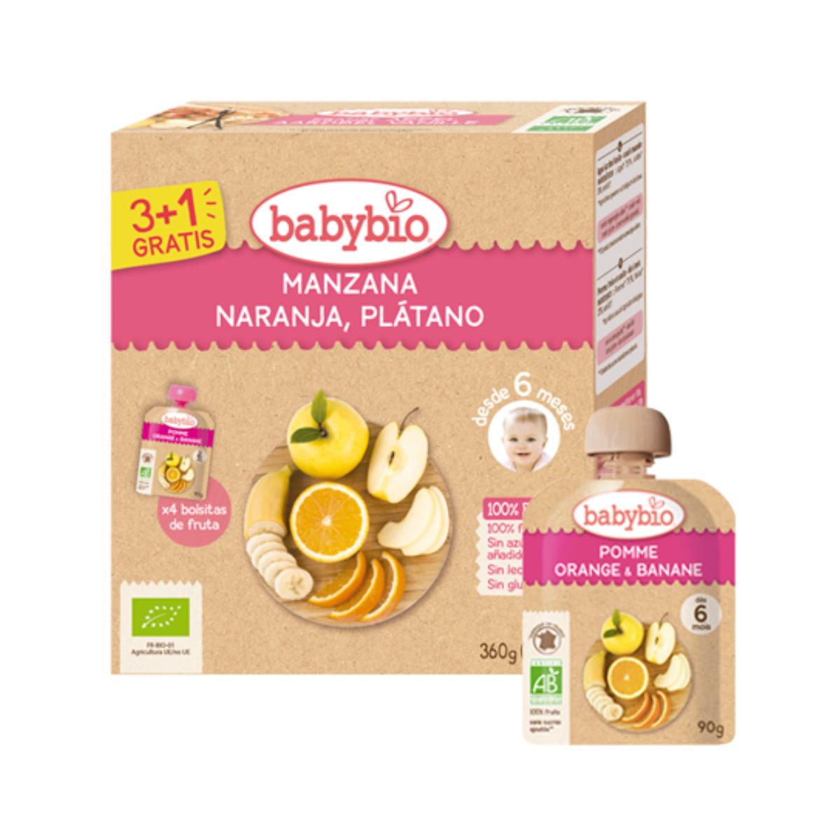 Zakjes appel, sinaasappel en banaan Bio BabyBio 4 stuks van 90 g