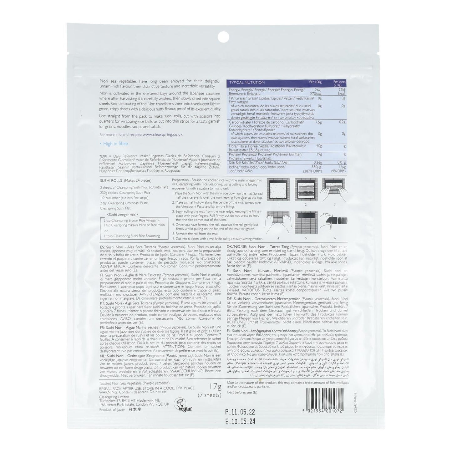 Wodorosty Nori specjalne do sushi Clearspring 7 liści 17 g