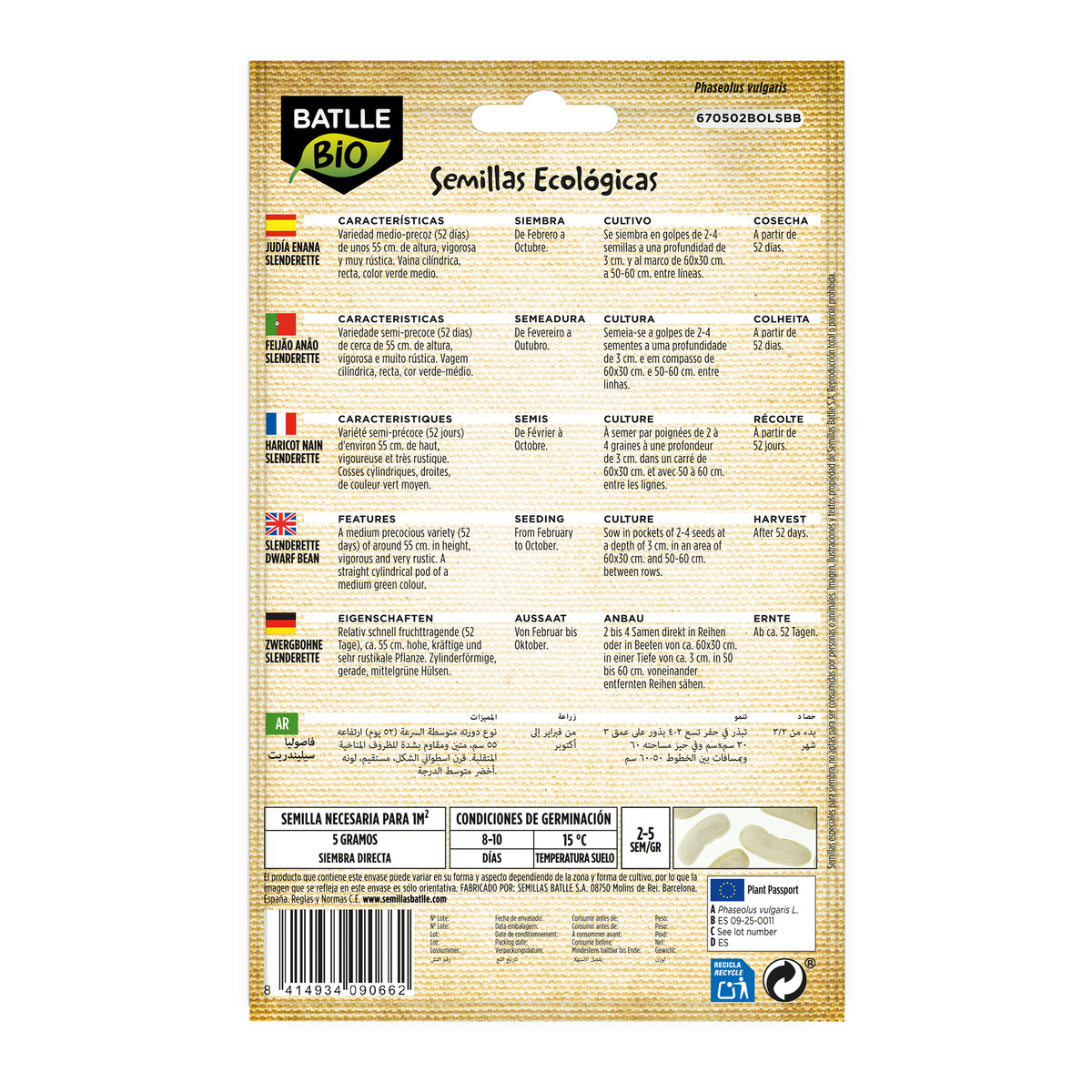 Graines de haricots Slenderette bio Batlle