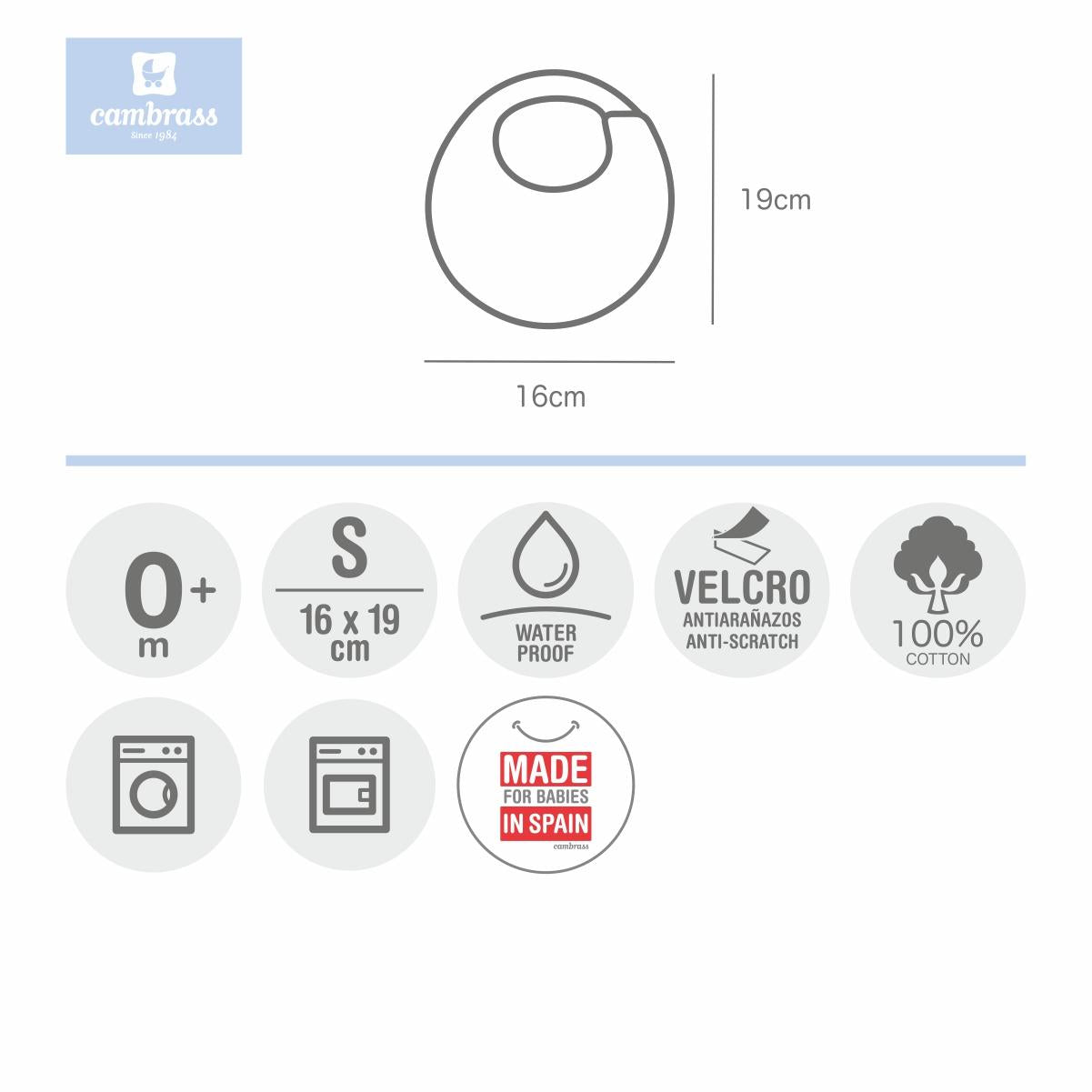 Rond slabbetje met klittenband Pío pío van Cambrass Lichtblauw
