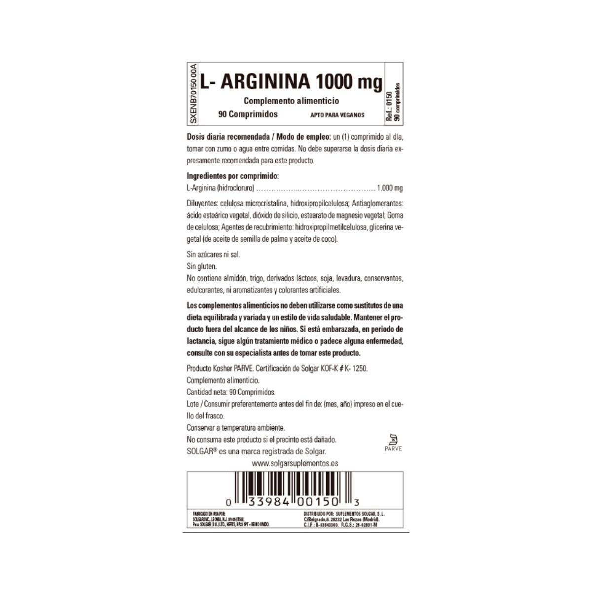 L-Arginine, 90 tablets of 1000 mg
