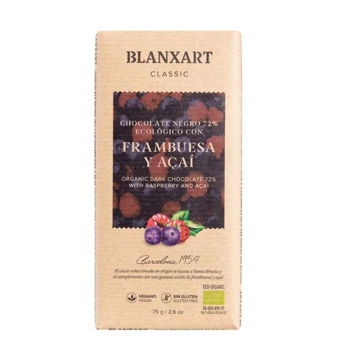 70% Raspberry and Açaí Chocolate, Organic, Vegan, Gluten-free, Blanxart 75 g