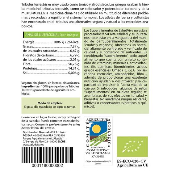 Tribulus terrestris en poudre bio 250 g, Salud Viva