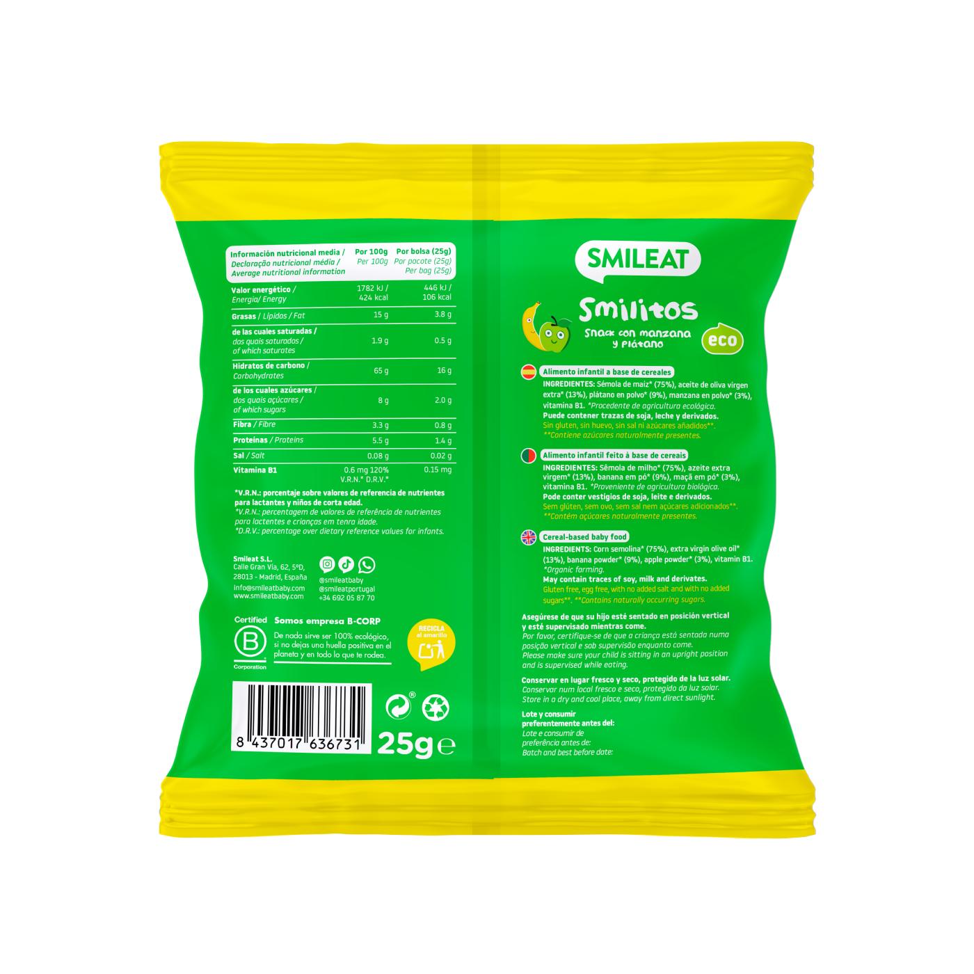 Confezione da 3 Smilitos di mela e banana Smileat 25 g