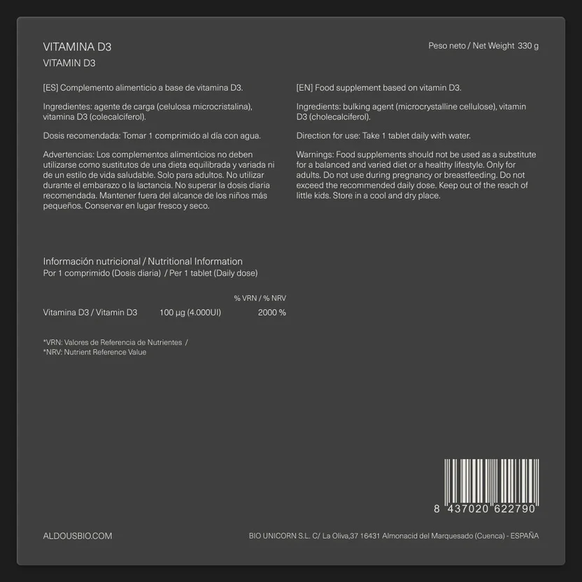 Vitamine D3 4000 UI Aldous Bio 500 comprimés