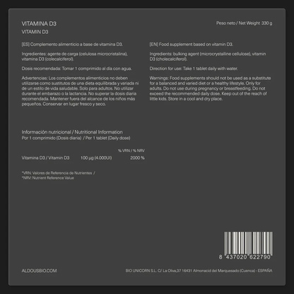 Vitamine D3 4000 UI Aldous Bio 500 comprimés